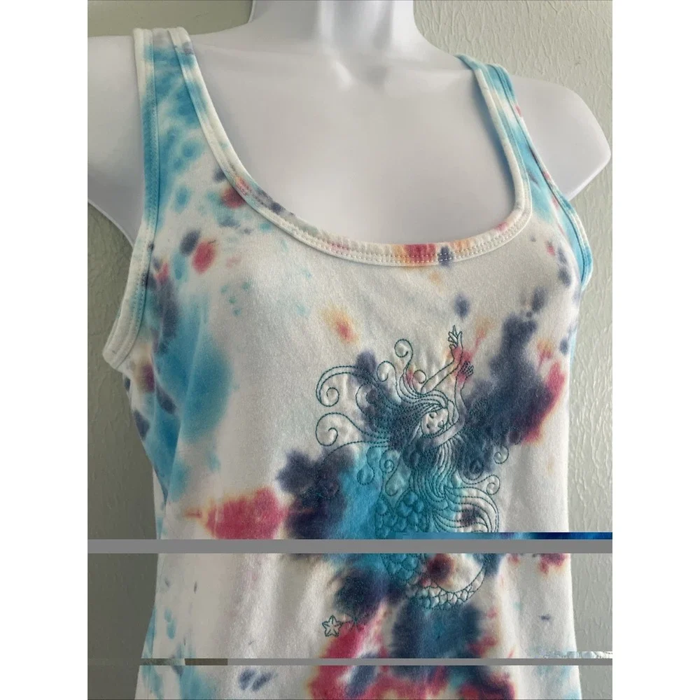 Vintage Y2K Tie Die Embroidered Mermaid Tank Long Lean Fitted Stretch Whimsy L